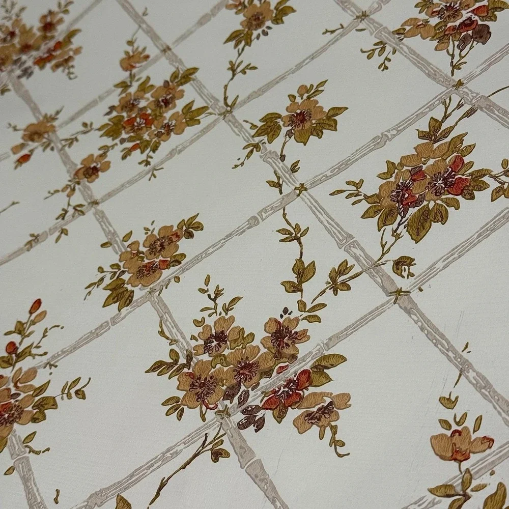Vintage Floral Lattice Wallpaper Roll Cream Brown Cottagecore‎ 1970s Decor